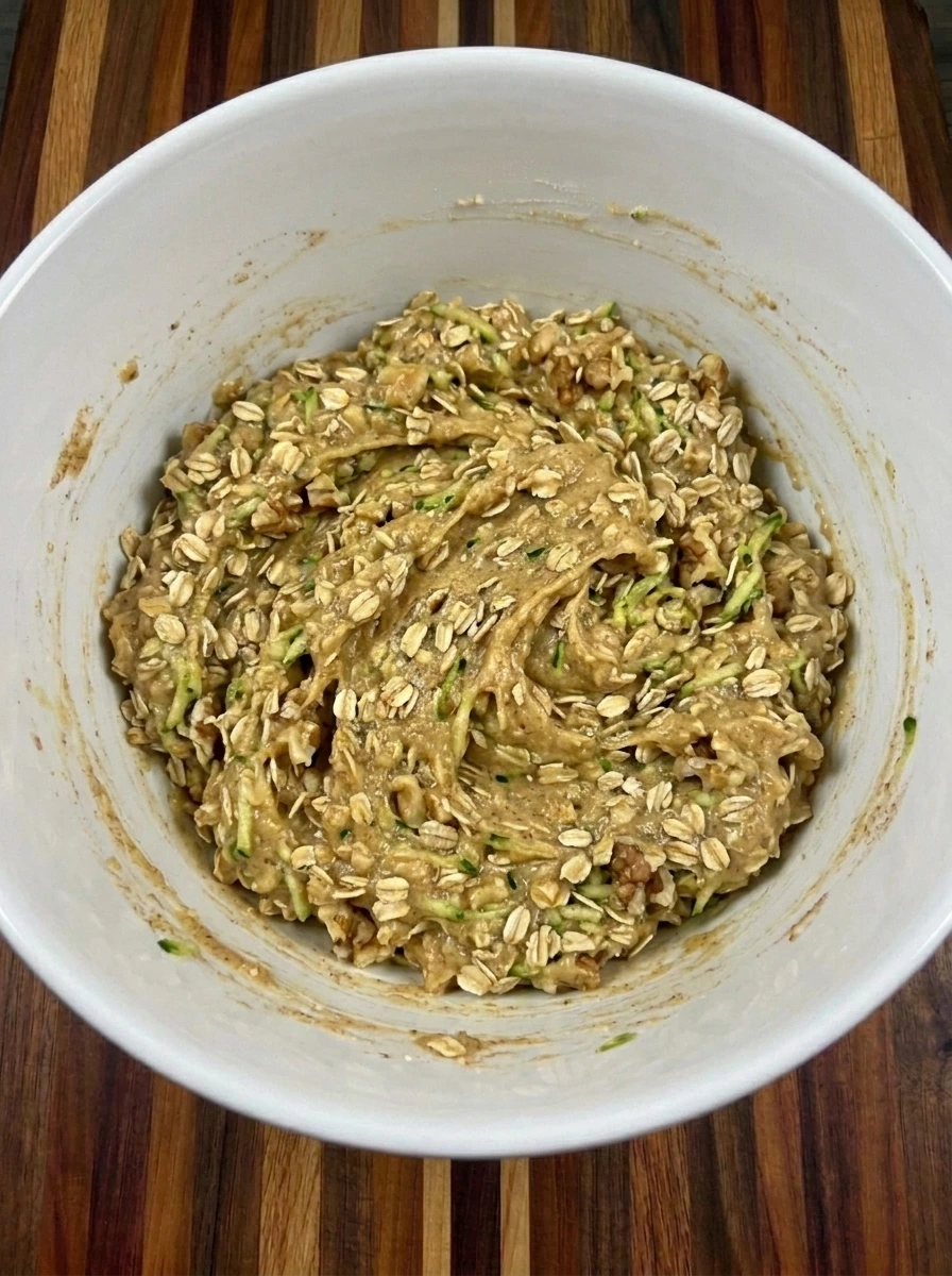 Thick Zucchini Oatmeal Cookies dough with oats and walnuts