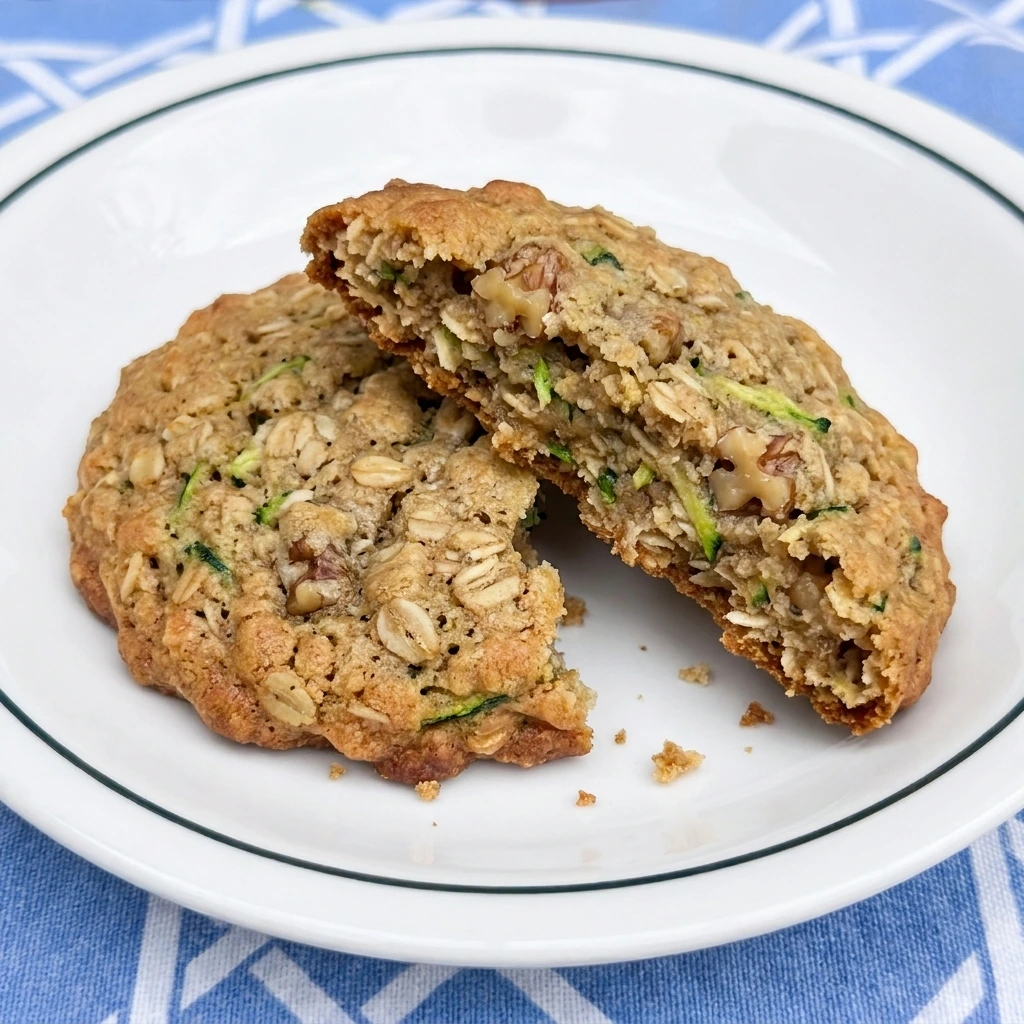 One Zucchini Oatmeal Cookie broken open to show the soft center