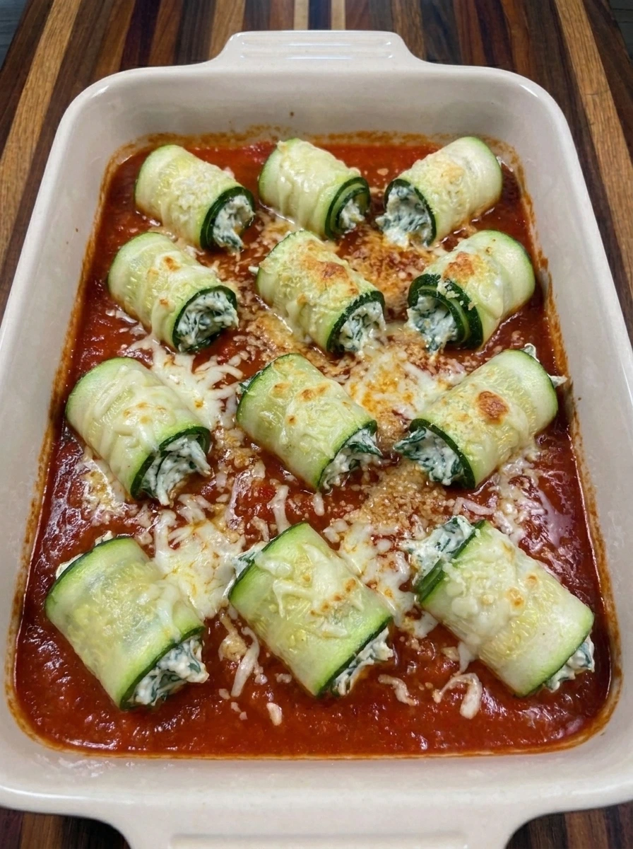 Baked Zucchini Roll-Ups with bubbling marinara and browned mozzarella