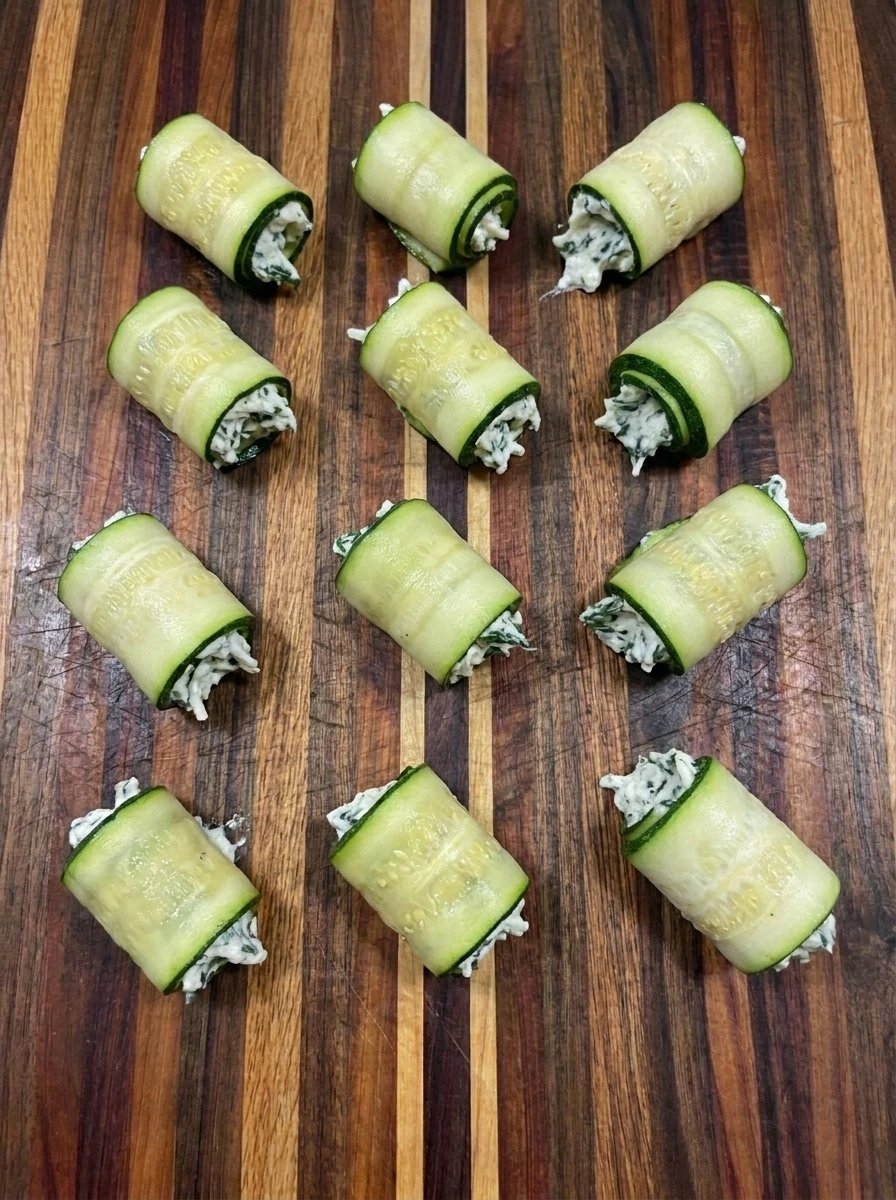 Twelve zucchini ribbons filled with ricotta and rolled into individual portions