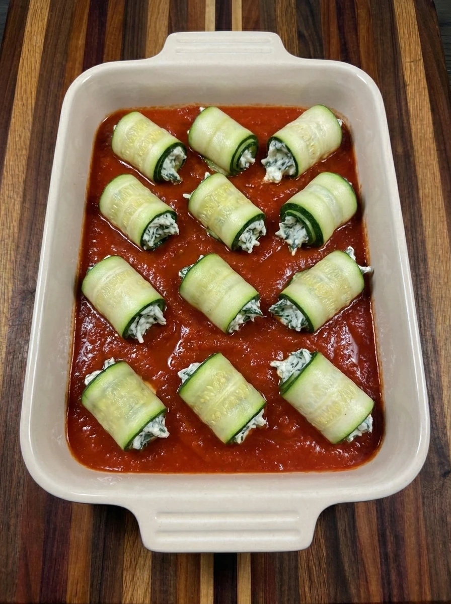 Twelve filled Zucchini Roll-Ups arranged in marinara before baking