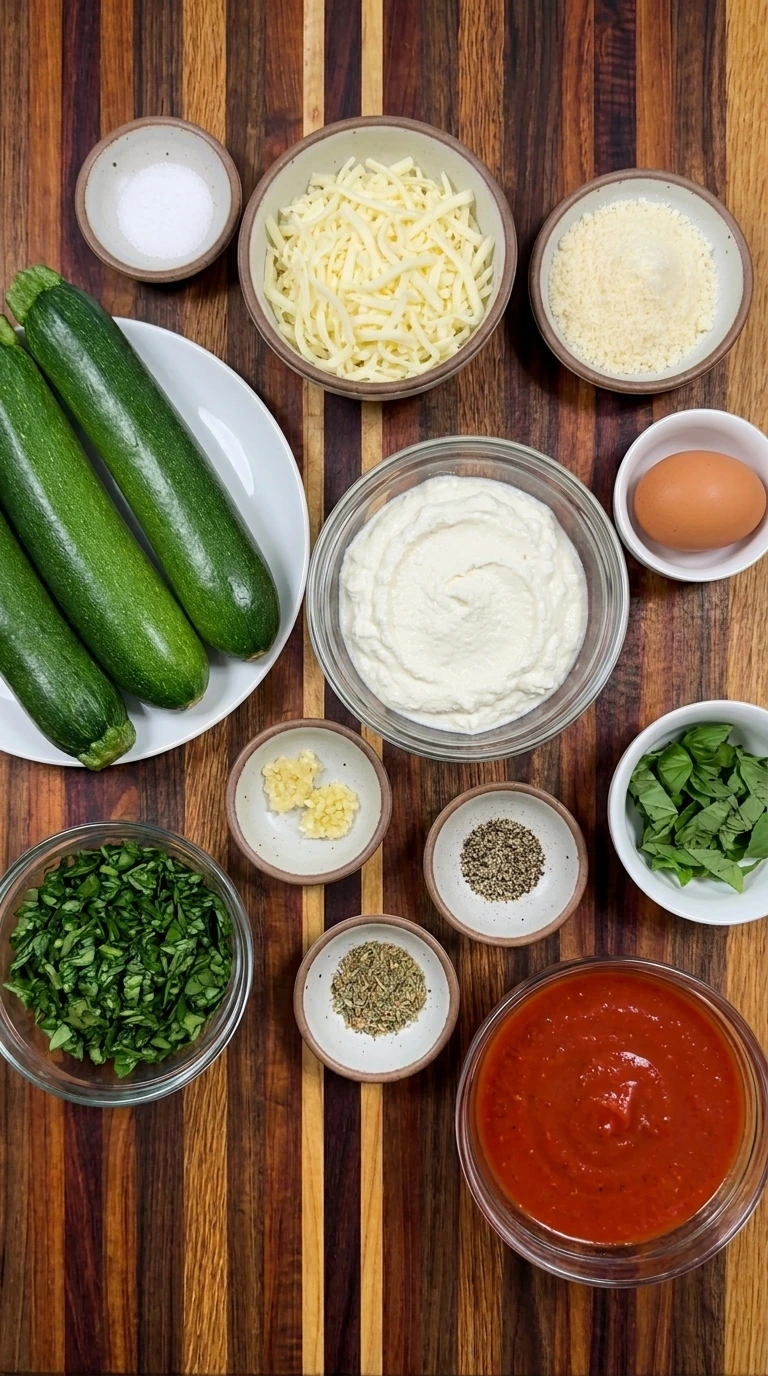 Ingredients for Zucchini Roll-Ups arranged in separate bowls and plates