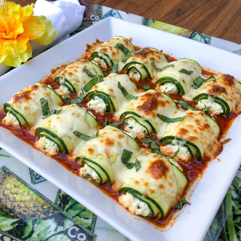 Baked Zucchini Roll-Ups filled with ricotta and topped with marinara and melted mozzarella