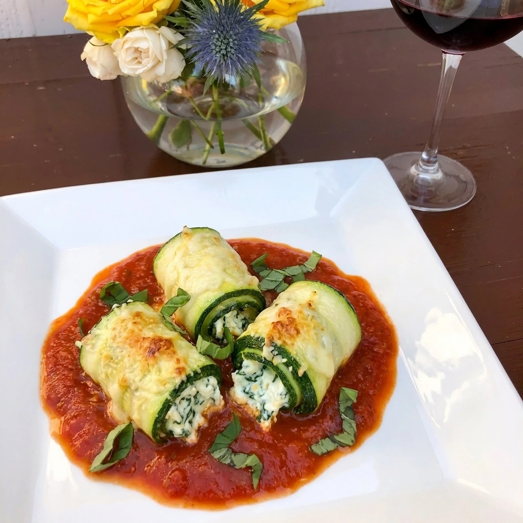 Three Zucchini Roll-Ups served with one opened to reveal ricotta filling