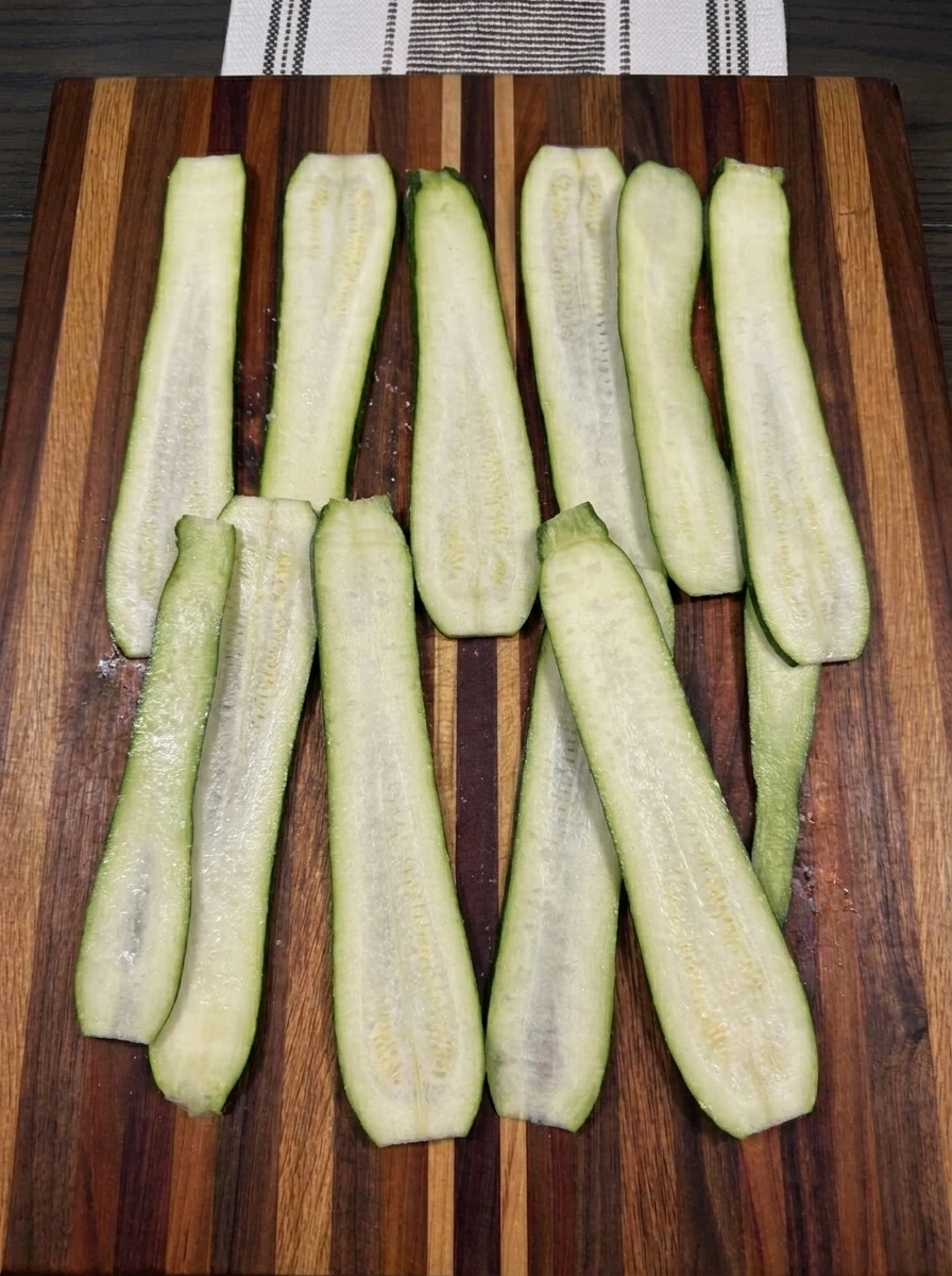 Twelve thin zucchini ribbons softened and ready for Zucchini Roll-Ups