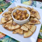 Apple Pie Dip with Cinnamon Sugar Chips served warm with golden baked tortilla wedges