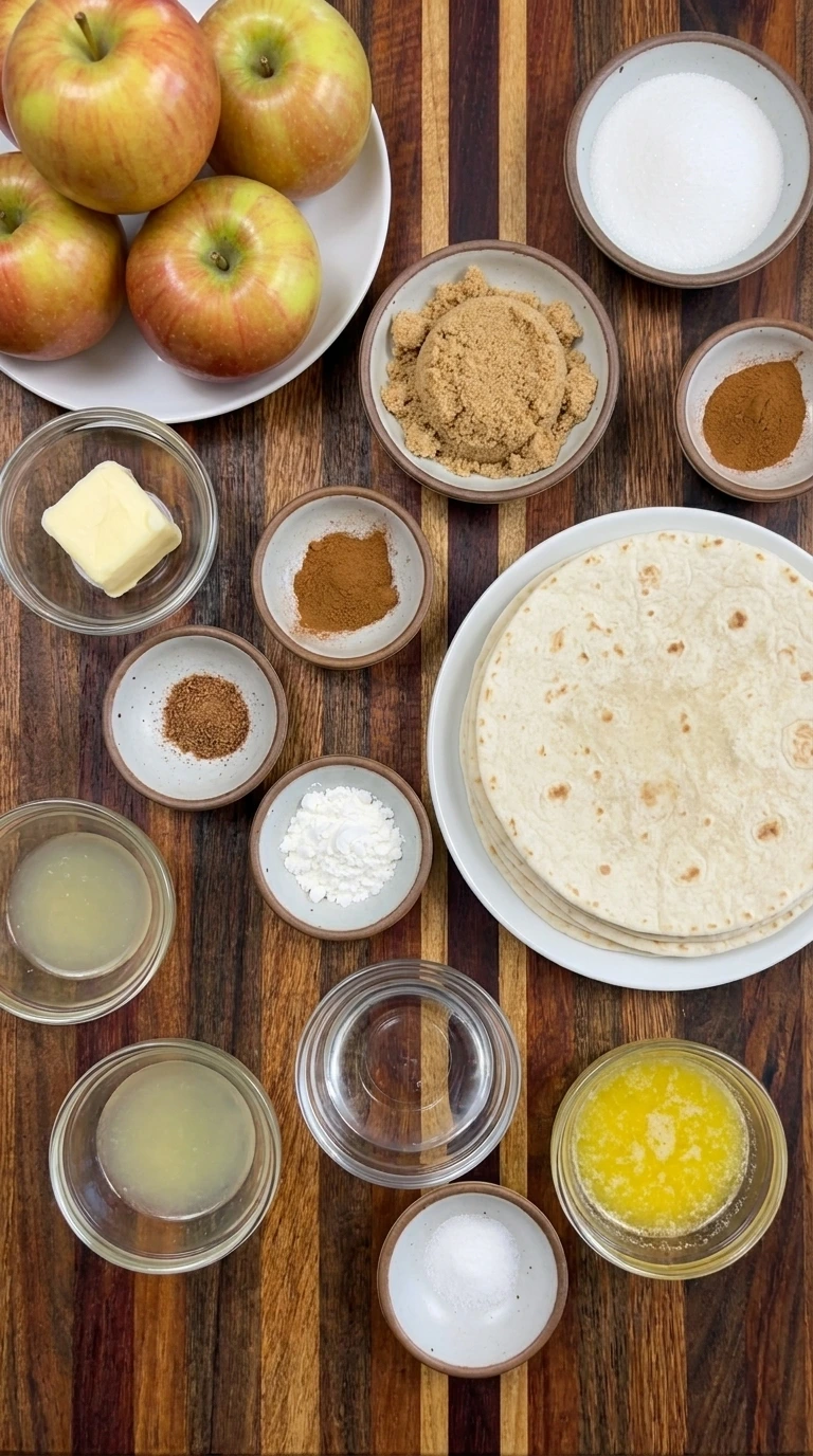Ingredients for Apple Pie Dip with Cinnamon Sugar Chips arranged in separate bowls and plates