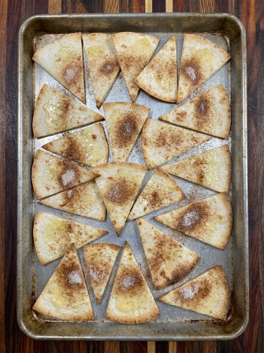 Forty eight baked cinnamon sugar tortilla chips with golden crisp edges