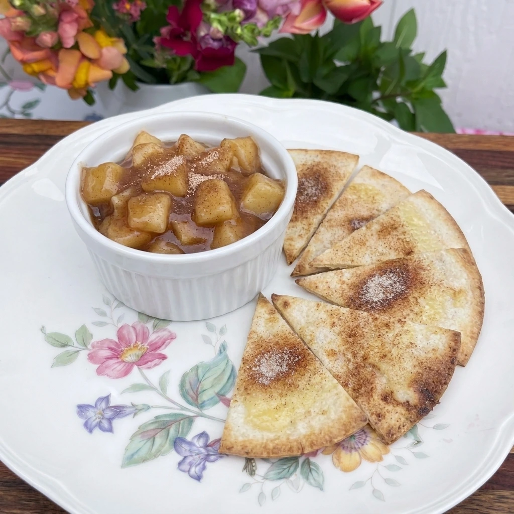 Single serving of Apple Pie Dip with Cinnamon Sugar Chips on a white plate