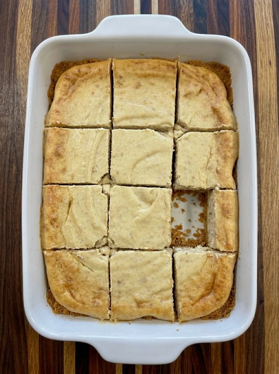 Chilled Banana Cheesecake Bars cut into twelve squares