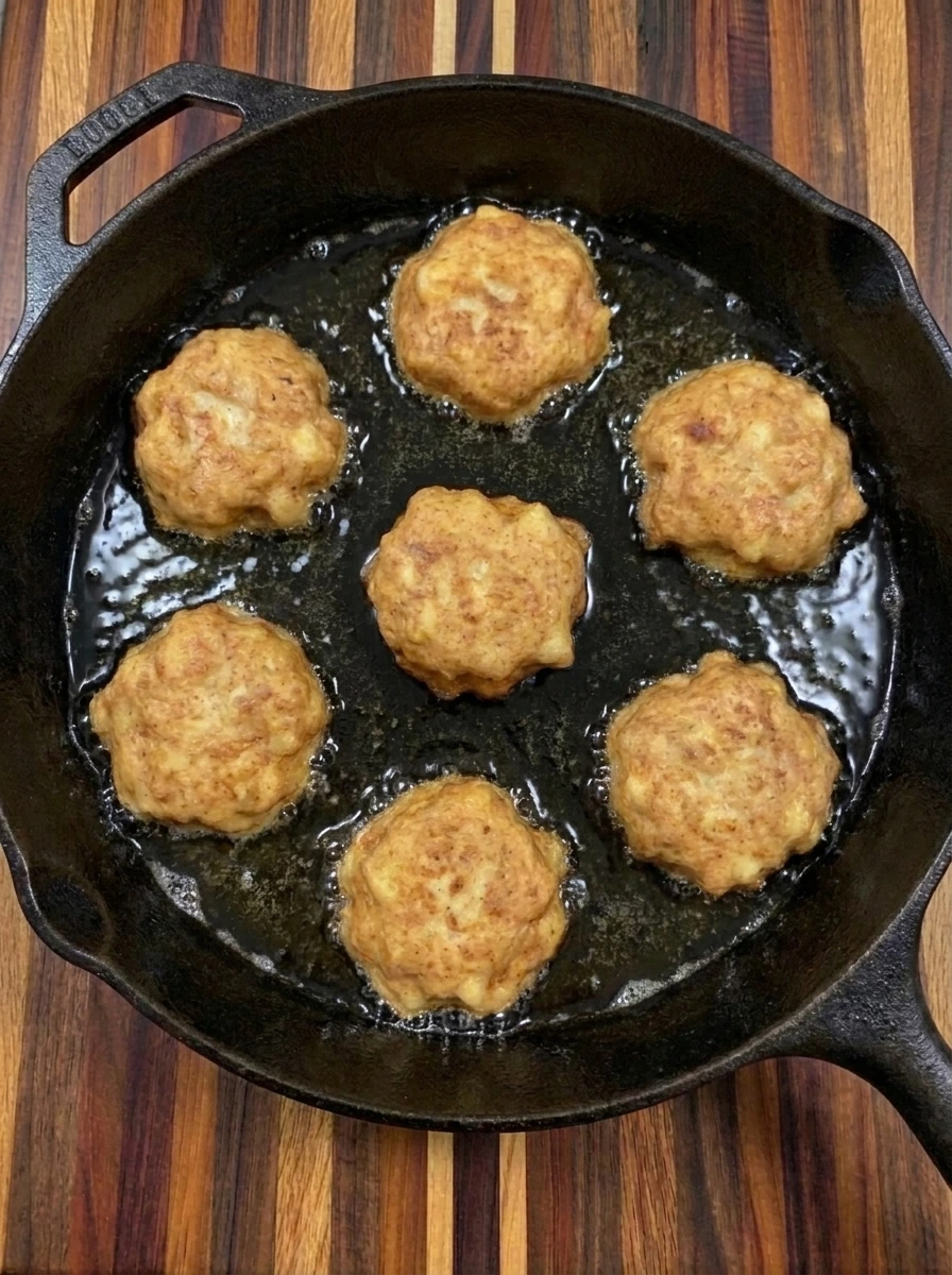 Banana Fritters flipped and browned in a skillet