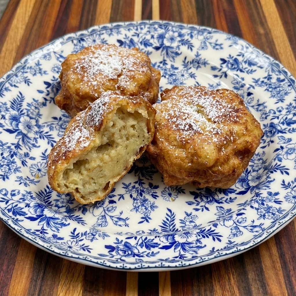Three finished Banana Fritters served with powdered sugar