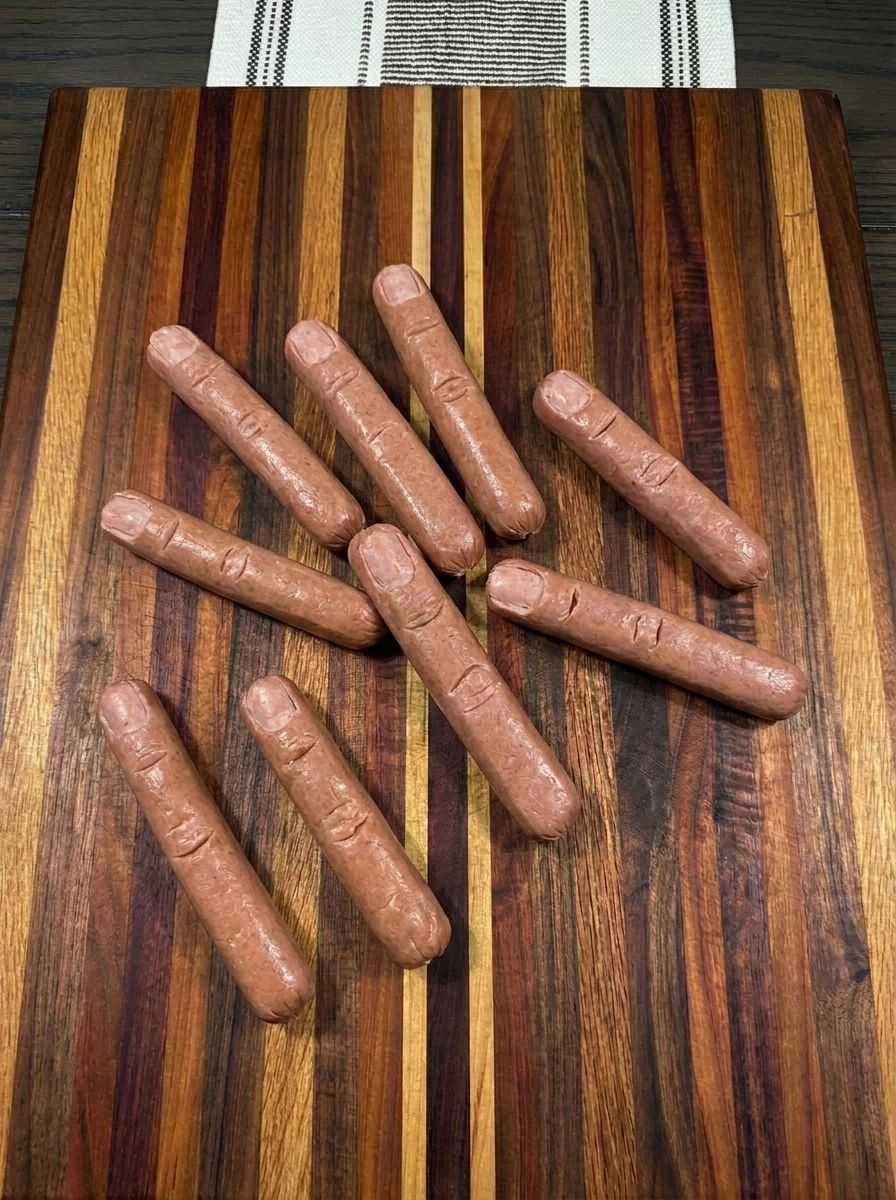 Eight hot dogs carved with fingernail and knuckle shapes
