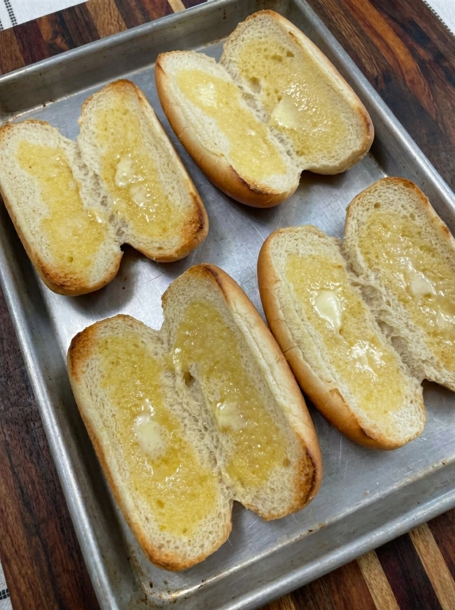 Eight buttered hot dog buns toasted until lightly golden