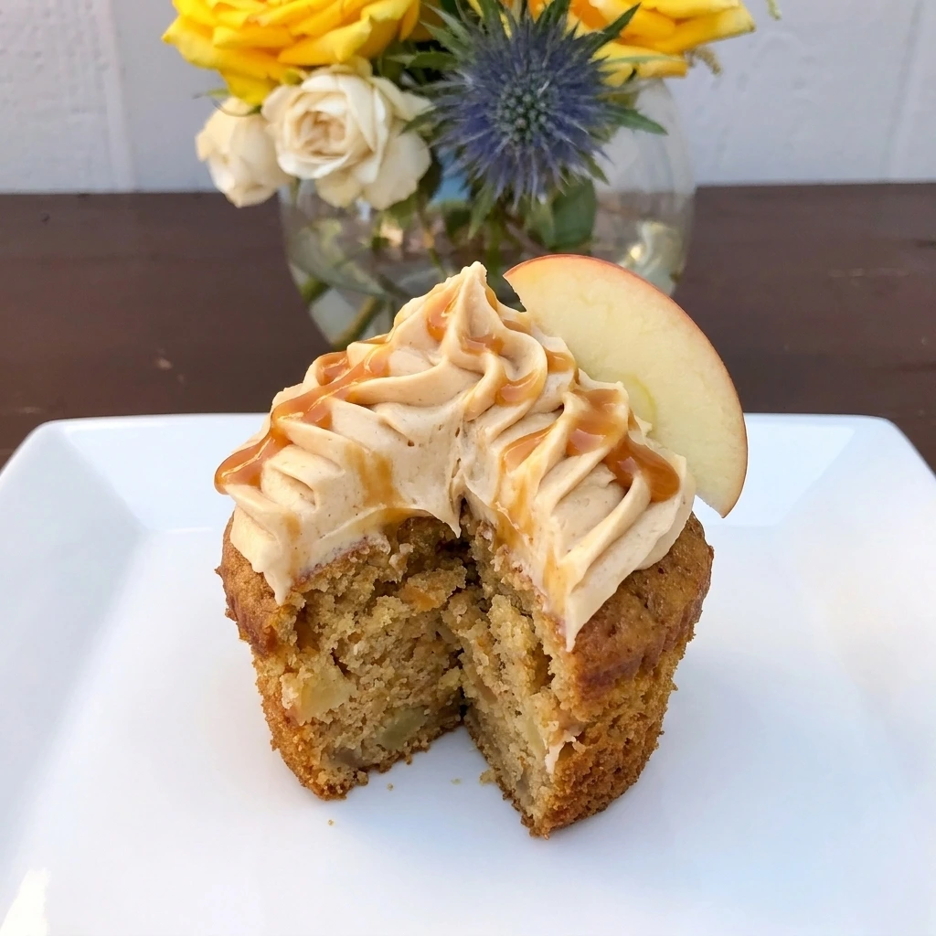 Single Caramel Apple Cupcake showing moist apple crumb