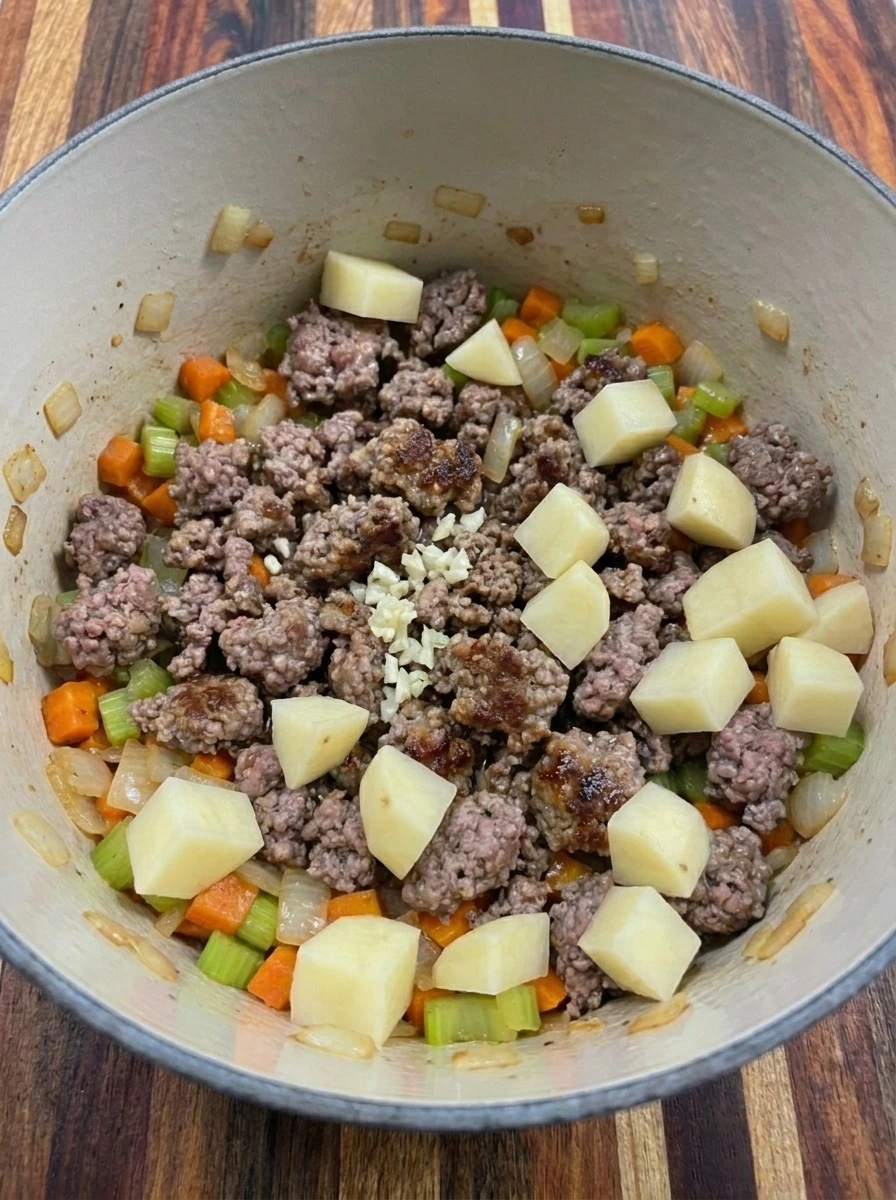 Cubed potatoes stirred into browned beef and vegetables for Cheeseburger Soup