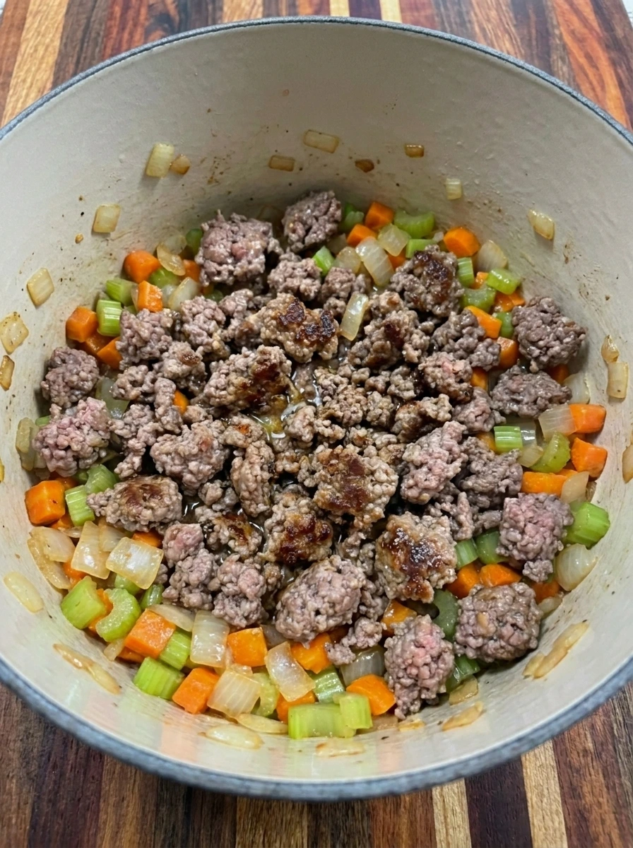 Browned ground beef with onion carrots and celery for Cheeseburger Soup