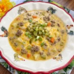 Creamy Cheeseburger Soup with beef potatoes carrots cheddar pickles and green onions