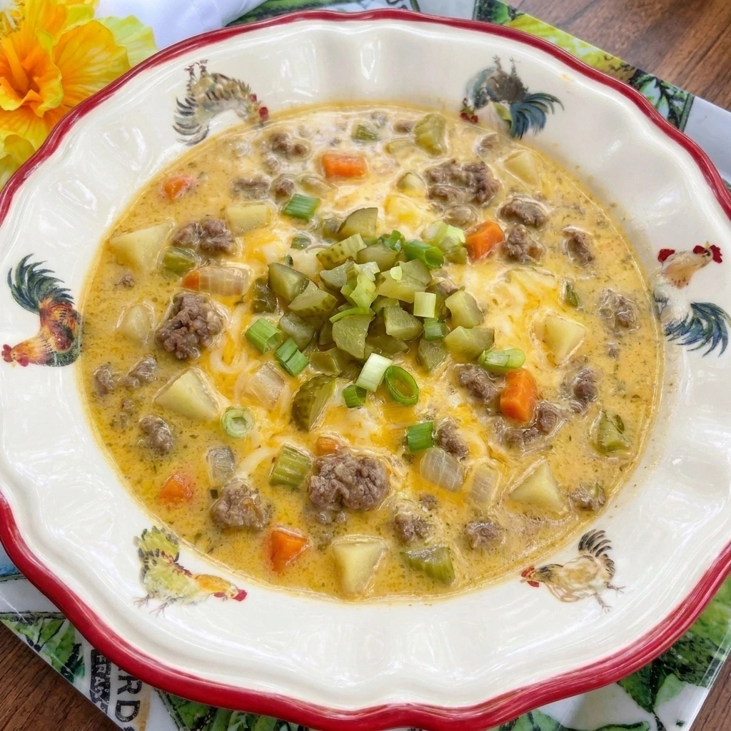 Creamy Cheeseburger Soup with beef potatoes carrots cheddar pickles and green onions