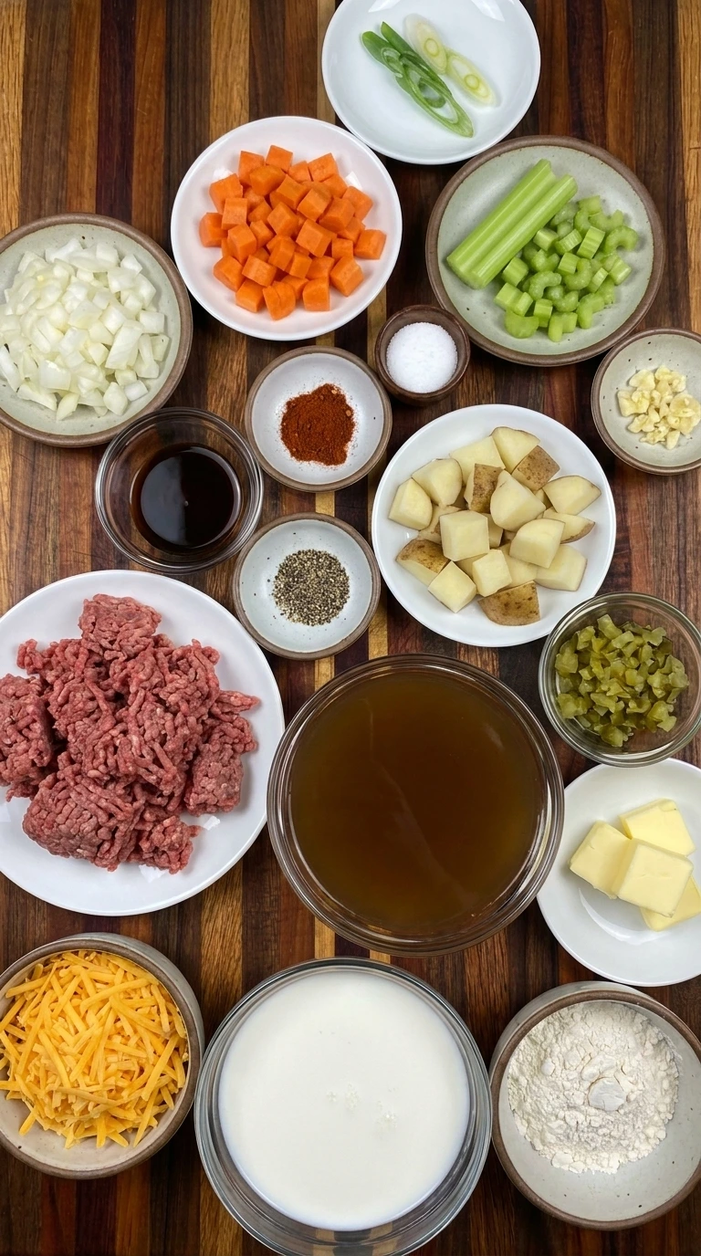 Raw ingredients for Cheeseburger Soup arranged in separate small containers