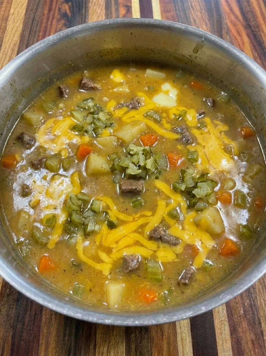 Cheddar melting into creamy Cheeseburger Soup with beef and potatoes