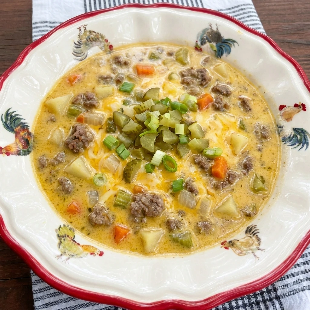 Single bowl of Cheeseburger Soup garnished with pickles and green onions