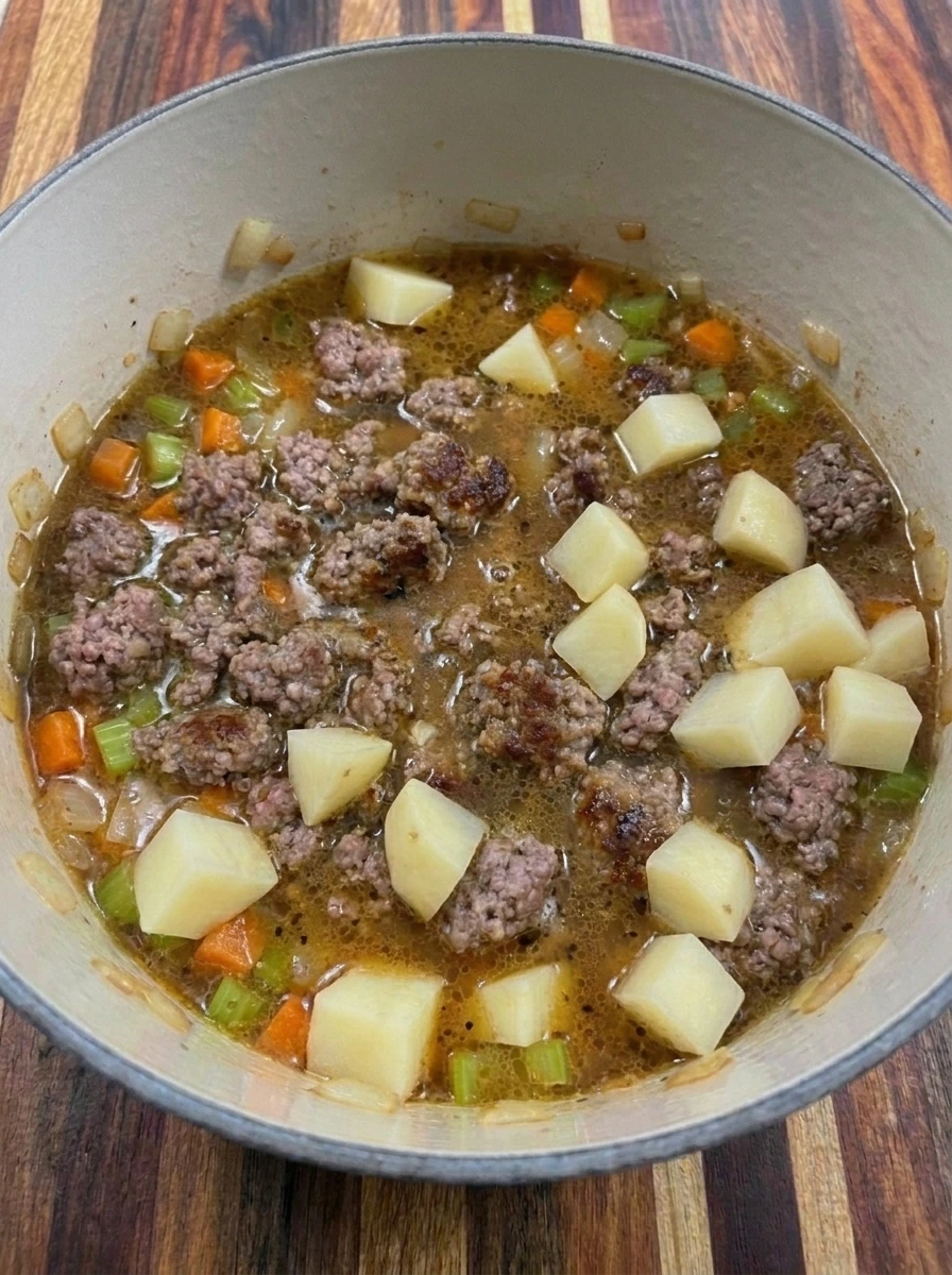 Beef potatoes carrots and celery simmering in seasoned broth