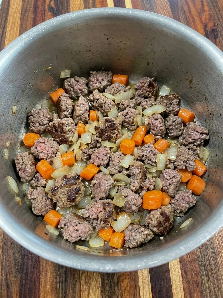 Ground beef browning with onions and carrots for Cheesy Hamburger Potato Soup