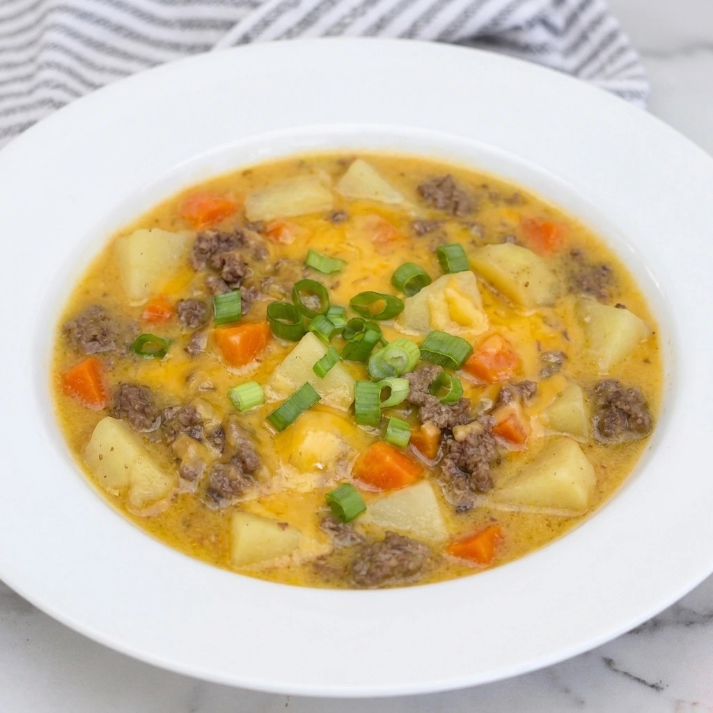 Cheesy Hamburger Potato Soup with ground beef potatoes carrots and cheddar