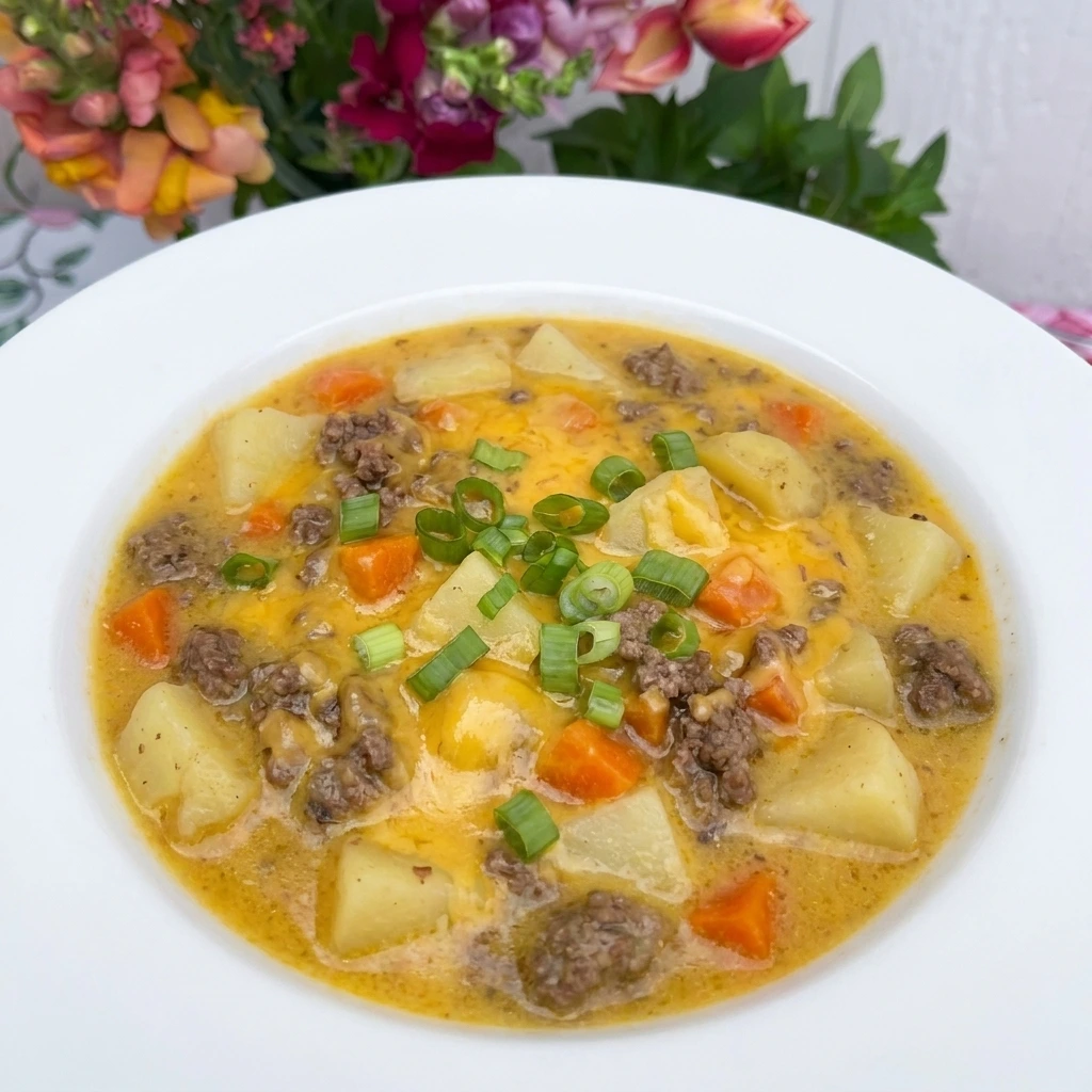 Bowl of finished Cheesy Hamburger Potato Soup with green onions