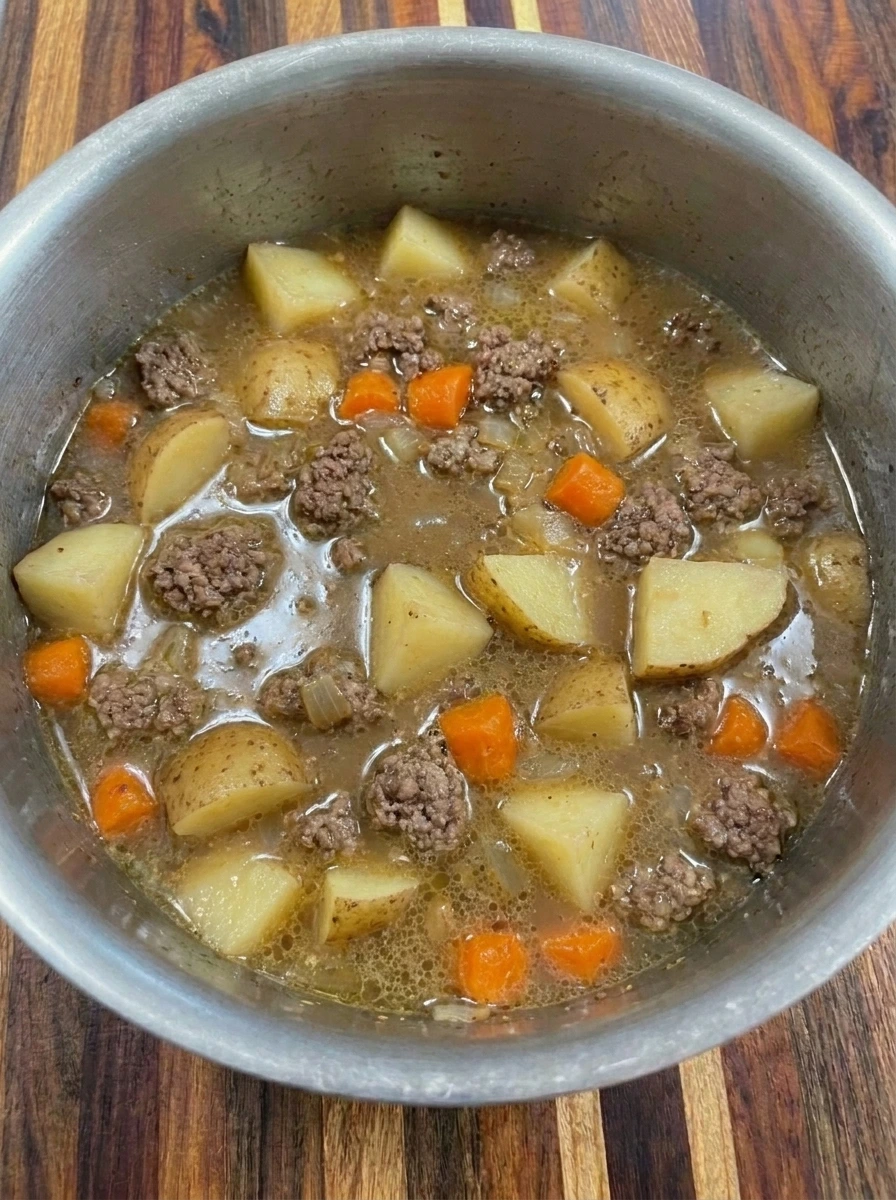 Potatoes simmering with ground beef in Cheesy Hamburger Potato Soup