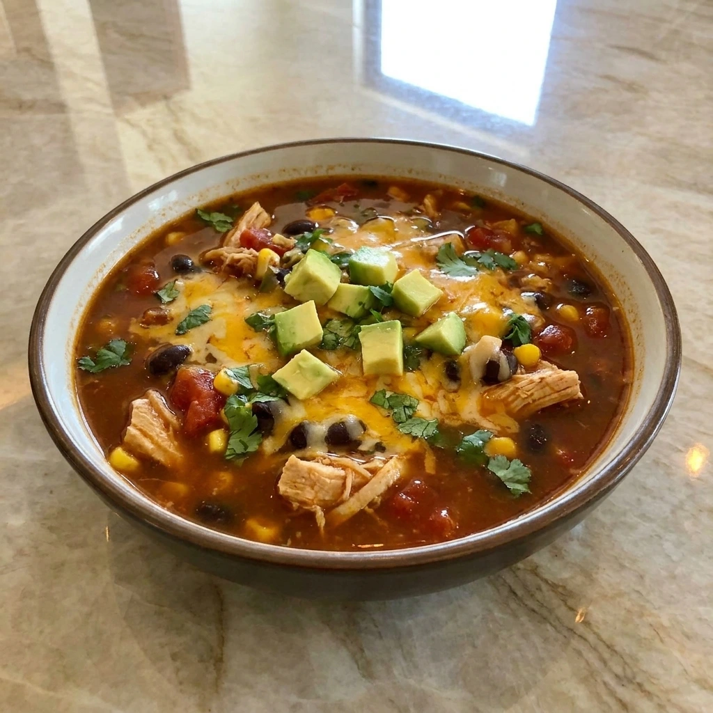Chicken Enchilada Soup with shredded chicken black beans corn cheese avocado and cilantro