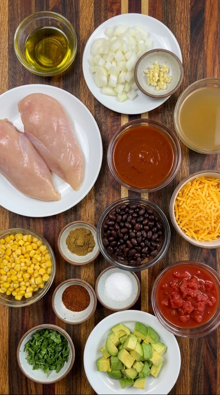 Ingredients for Chicken Enchilada Soup arranged in separate containers
