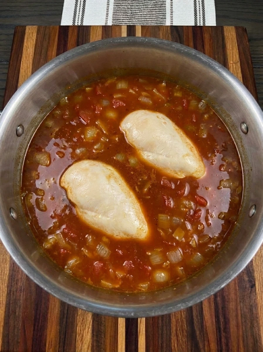 Chicken breasts simmering in red enchilada broth
