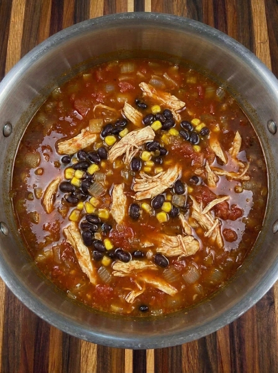 Shredded chicken black beans and corn mixed into Chicken Enchilada Soup