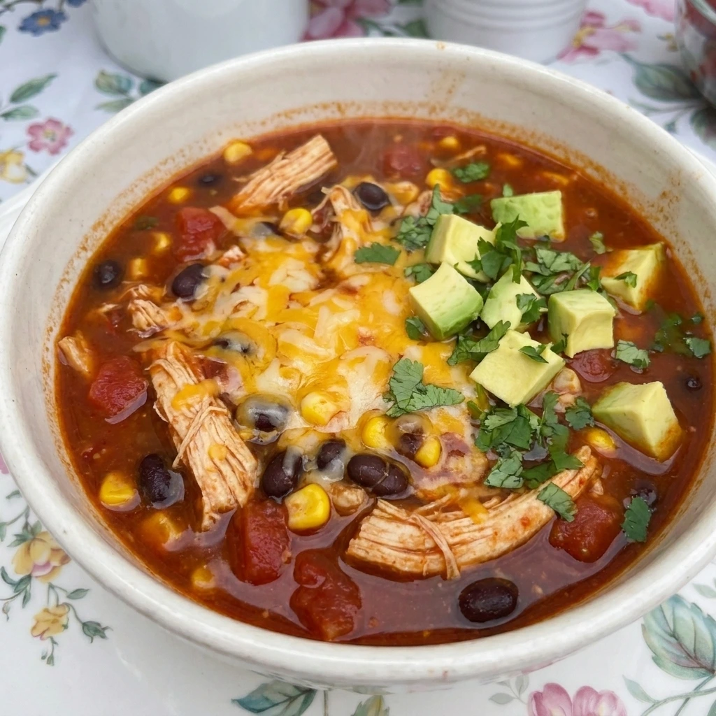 Served Chicken Enchilada Soup with avocado cilantro and cheese