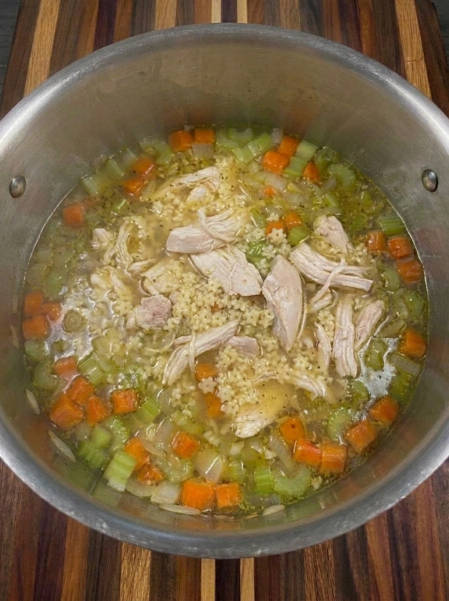 Pastina cooking with shredded chicken and vegetables in soup