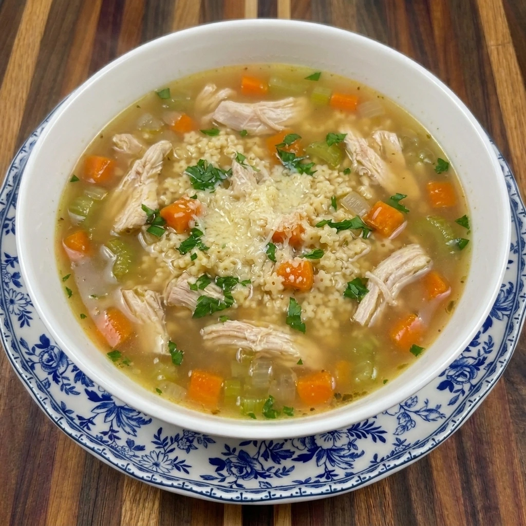 Finished serving of Chicken Pastina Soup with parsley and Parmesan