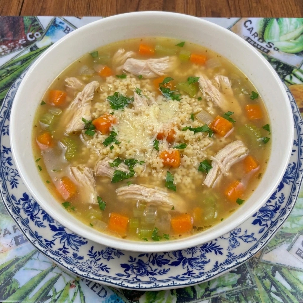 Chicken Pastina Soup with tender chicken and tiny pasta in golden broth