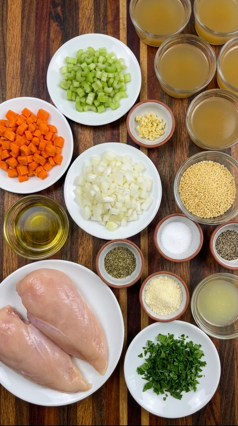 Ingredients for Chicken Pastina Soup arranged in separate containers