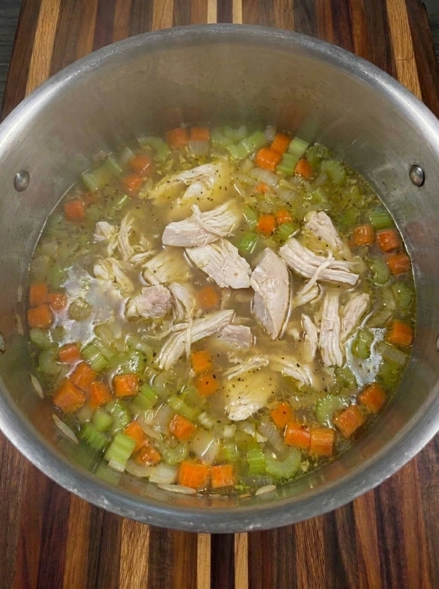 Shredded chicken returned to broth for Chicken Pastina Soup