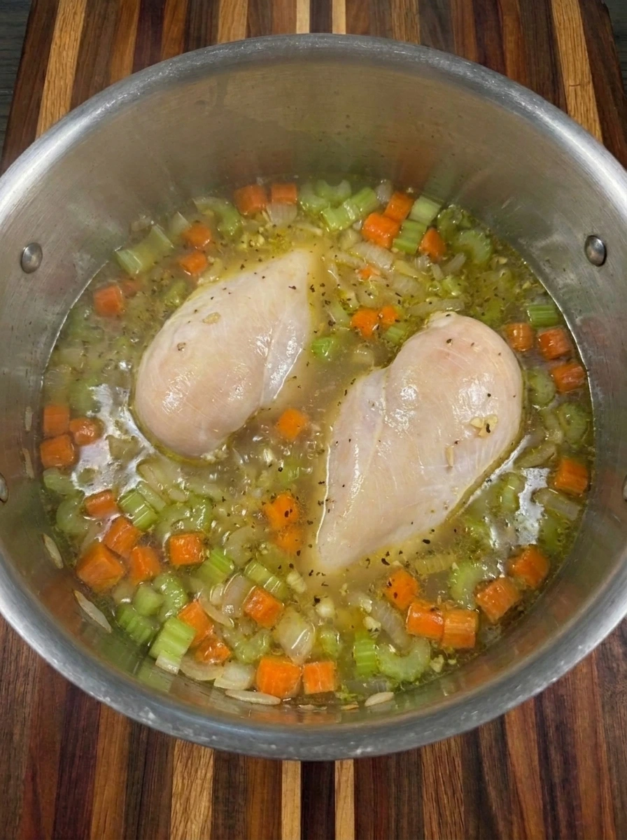 Chicken breasts simmering in seasoned broth for Chicken Pastina Soup