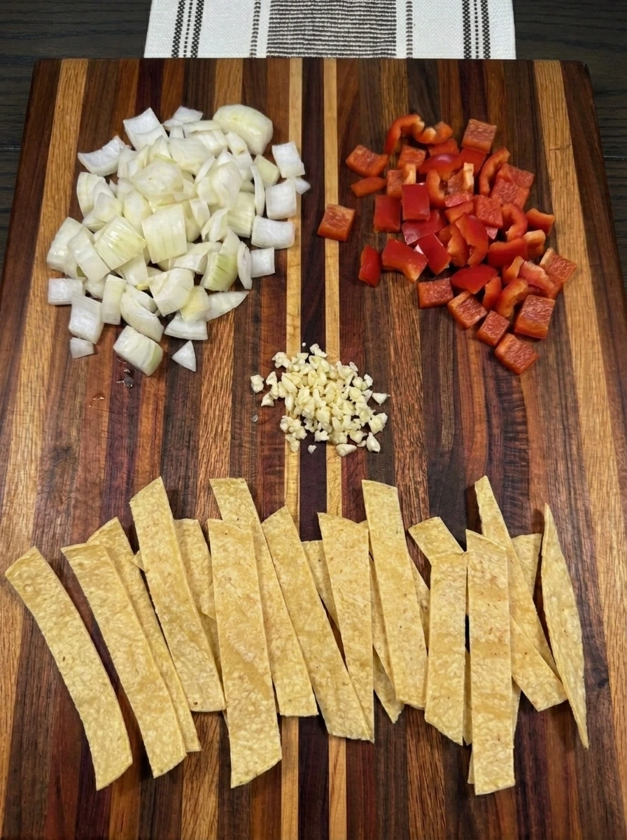 Diced onion and red pepper with garlic and four sliced corn tortillas