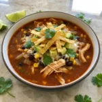 Chicken Tortilla Soup with shredded chicken beans corn avocado cheese and crisp tortilla strips