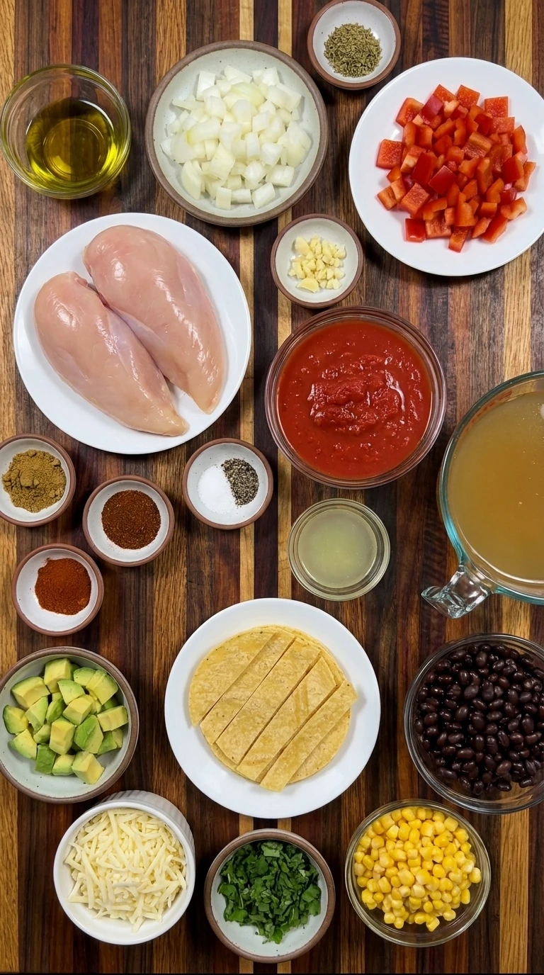 Ingredients for Chicken Tortilla Soup arranged in separate small containers