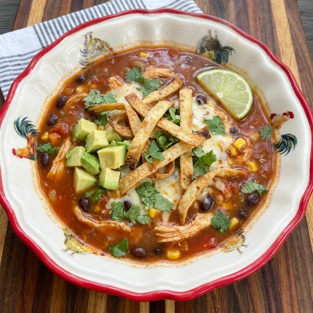 Single bowl of Chicken Tortilla Soup with avocado cheese cilantro and tortilla strips