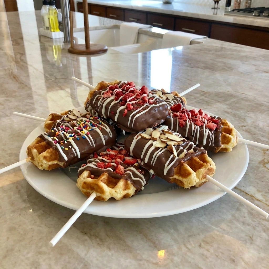 Chocolate Covered Waffle Pops with chocolate drizzle and colorful toppings