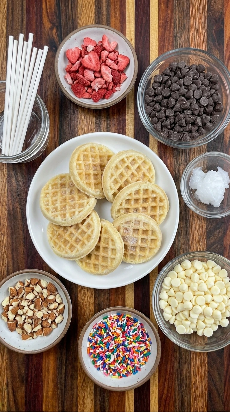 Ingredients for Chocolate Covered Waffle Pops in separate small containers