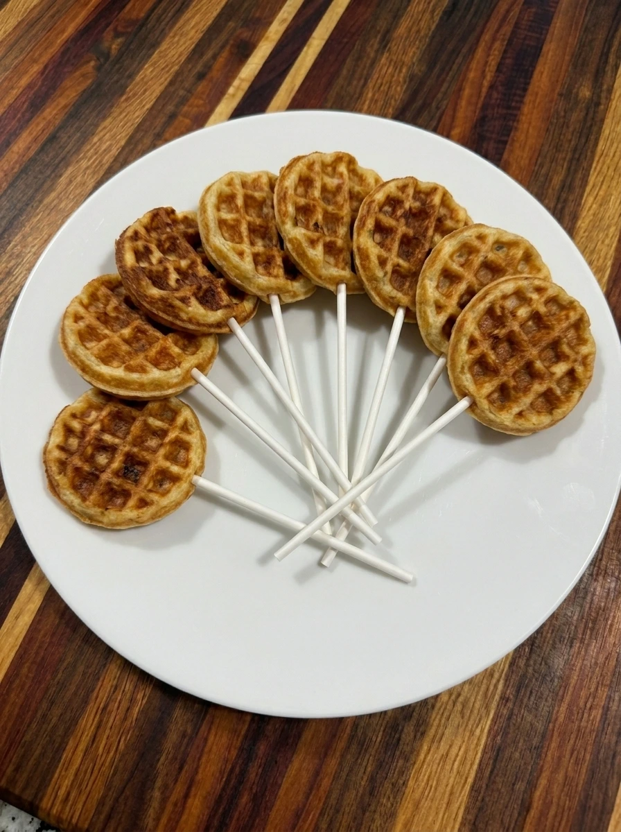 Golden mini waffles with sticks inserted for waffle pops