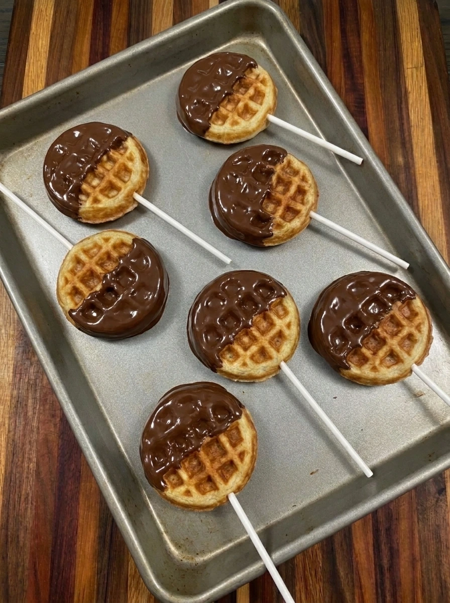 Eight mini waffle pops dipped halfway in semisweet chocolate